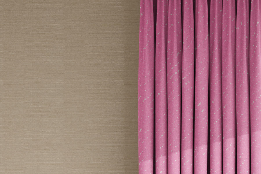curtains in venable moore 100% european linen staccato nero shibori fabric by the yard in fresh carnation pink against grasscloth wall 