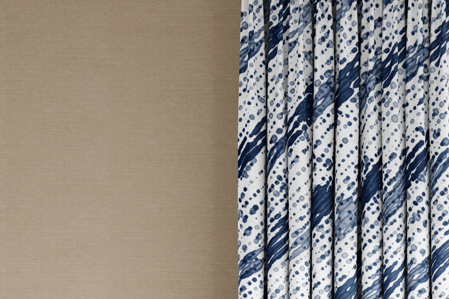 curtains in 100% linen glissando shibori fabric by the yard in marine blue