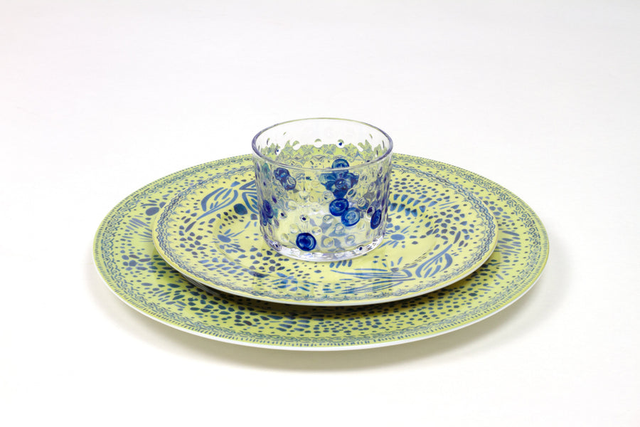 full place setting of apple green mosaic garden stacked dinner and salad plate with lapis hand-painted bubble glass