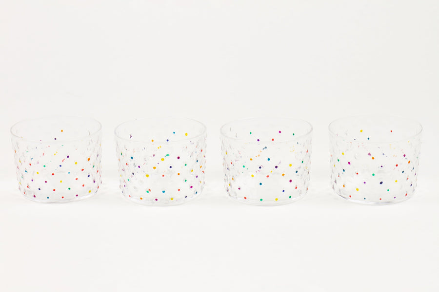 Set of four hand-painted confetti hobnail glasses in multicolor dots