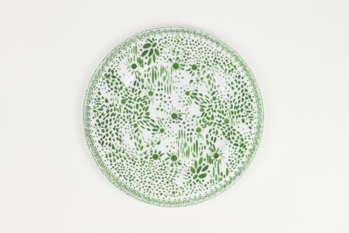 Grass green ‘mosaic garden’ fine china porcelain dinner plate hand decorated in the usa on white background