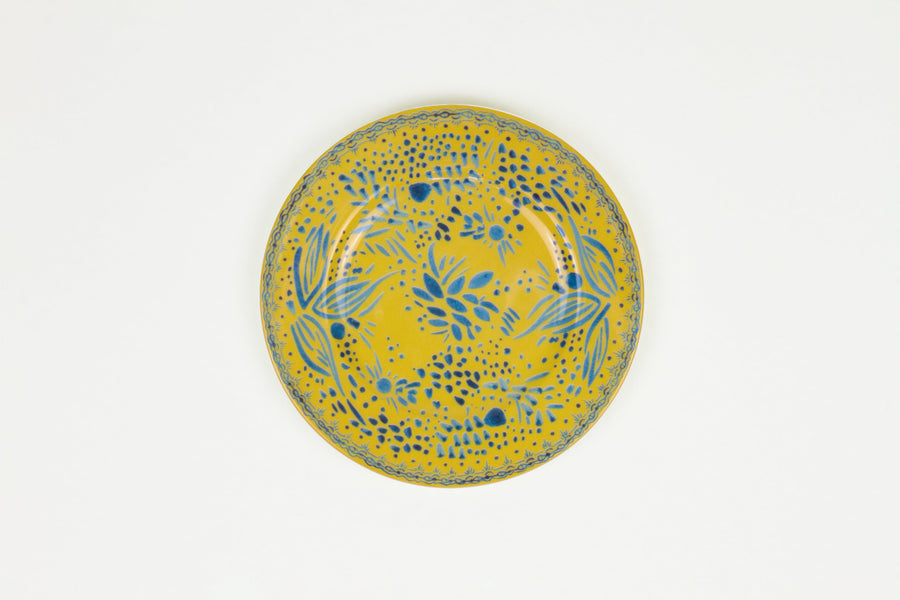 Lemon yellow ‘mosaic garden’ fine china porcelain salad/dessert plate hand decorated in the usa on white background