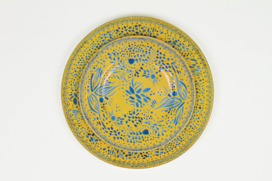 Lemon yellow mosaic stacked dinner and salad plate fine china porcelain hand decorated in the usa on white background