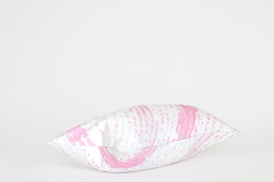 Side view 12” x 20” 100% linen glissando pillow in posy pink with hidden zipper
