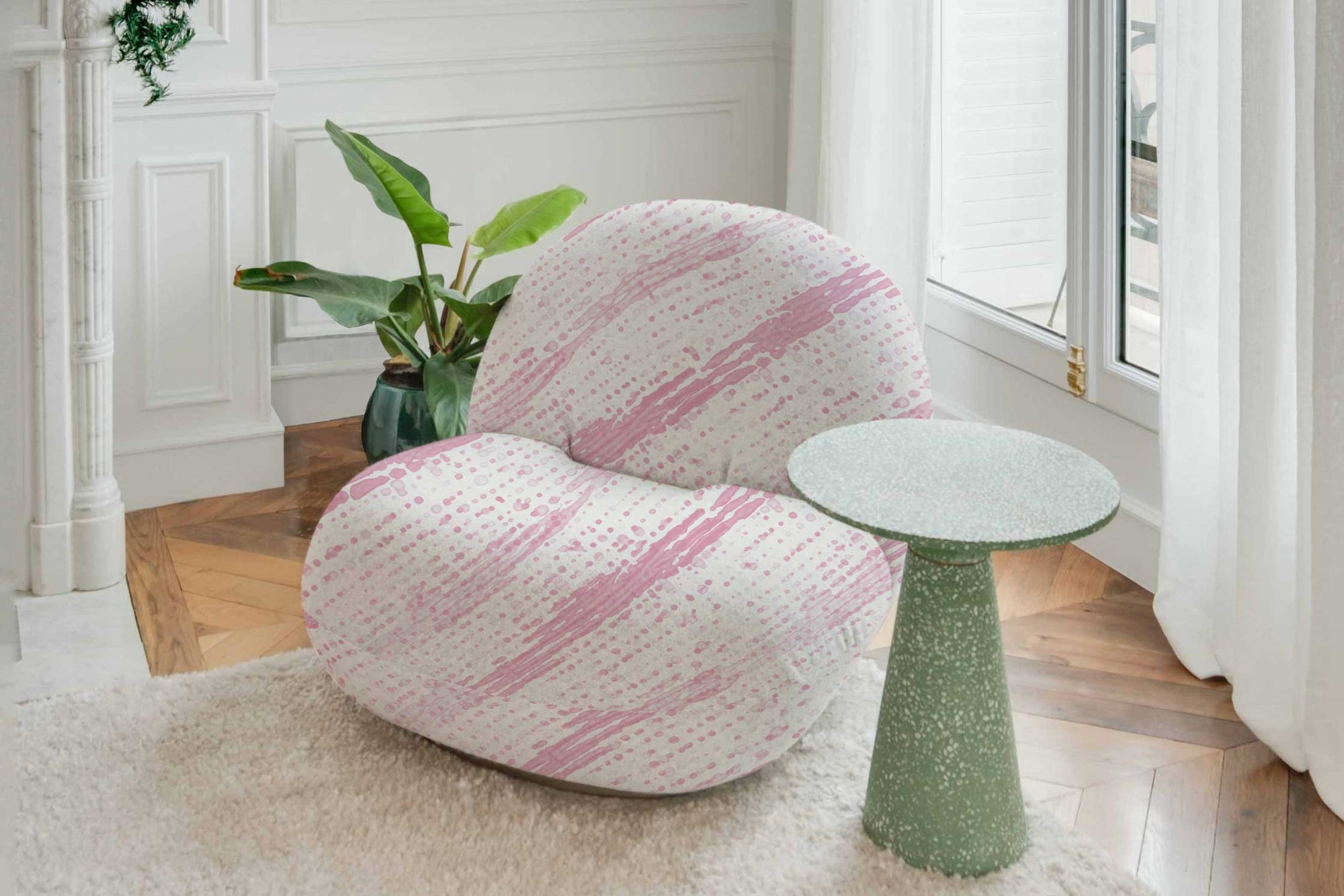 Glissando Shibori made to order 100% European Linen in Posy Pink on chair by green table in living room