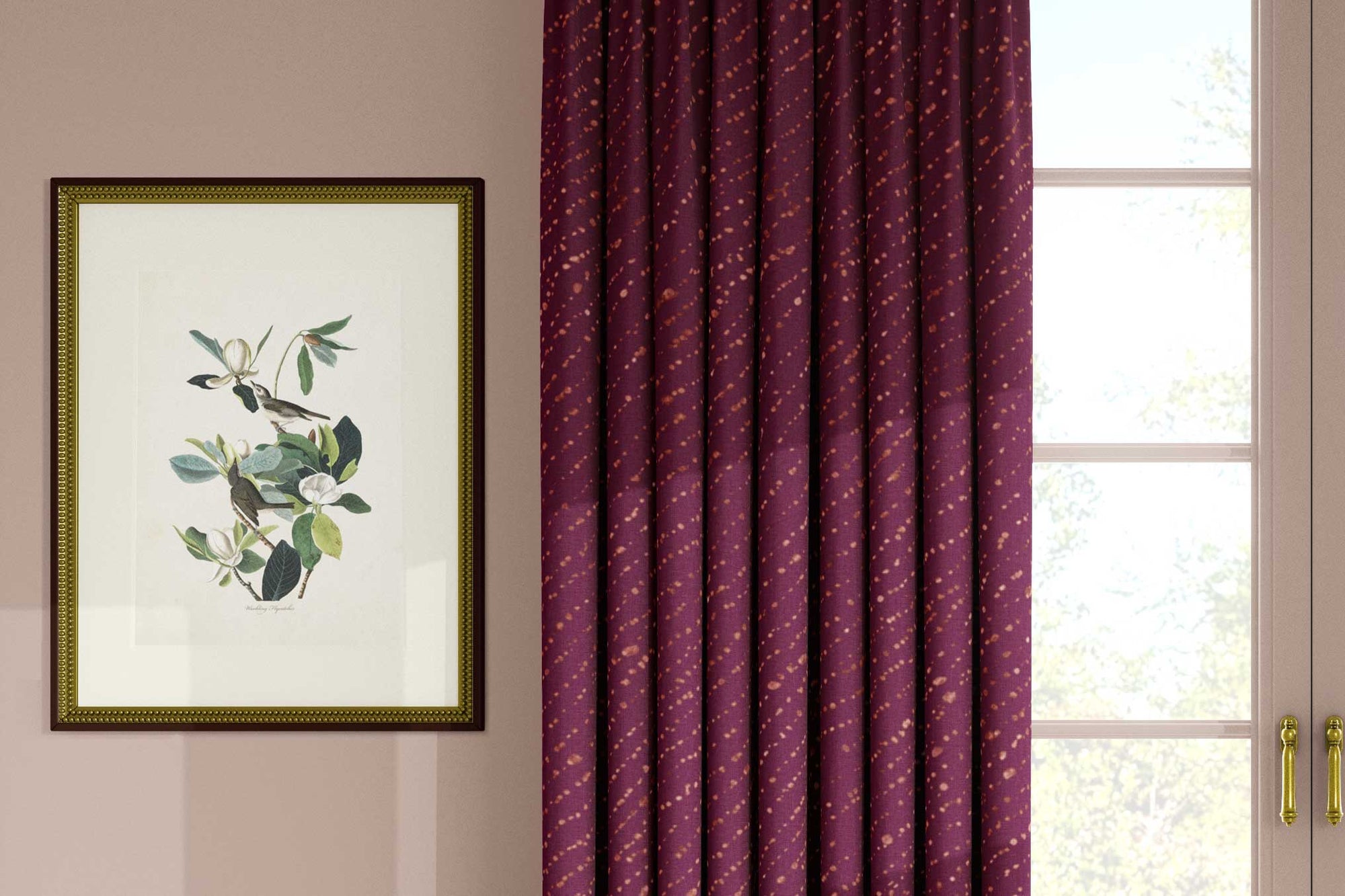 'Staccato Decolorato' Shibori made-to-order 100% Eurpoean linen drapes in plum on wall with botanical picture