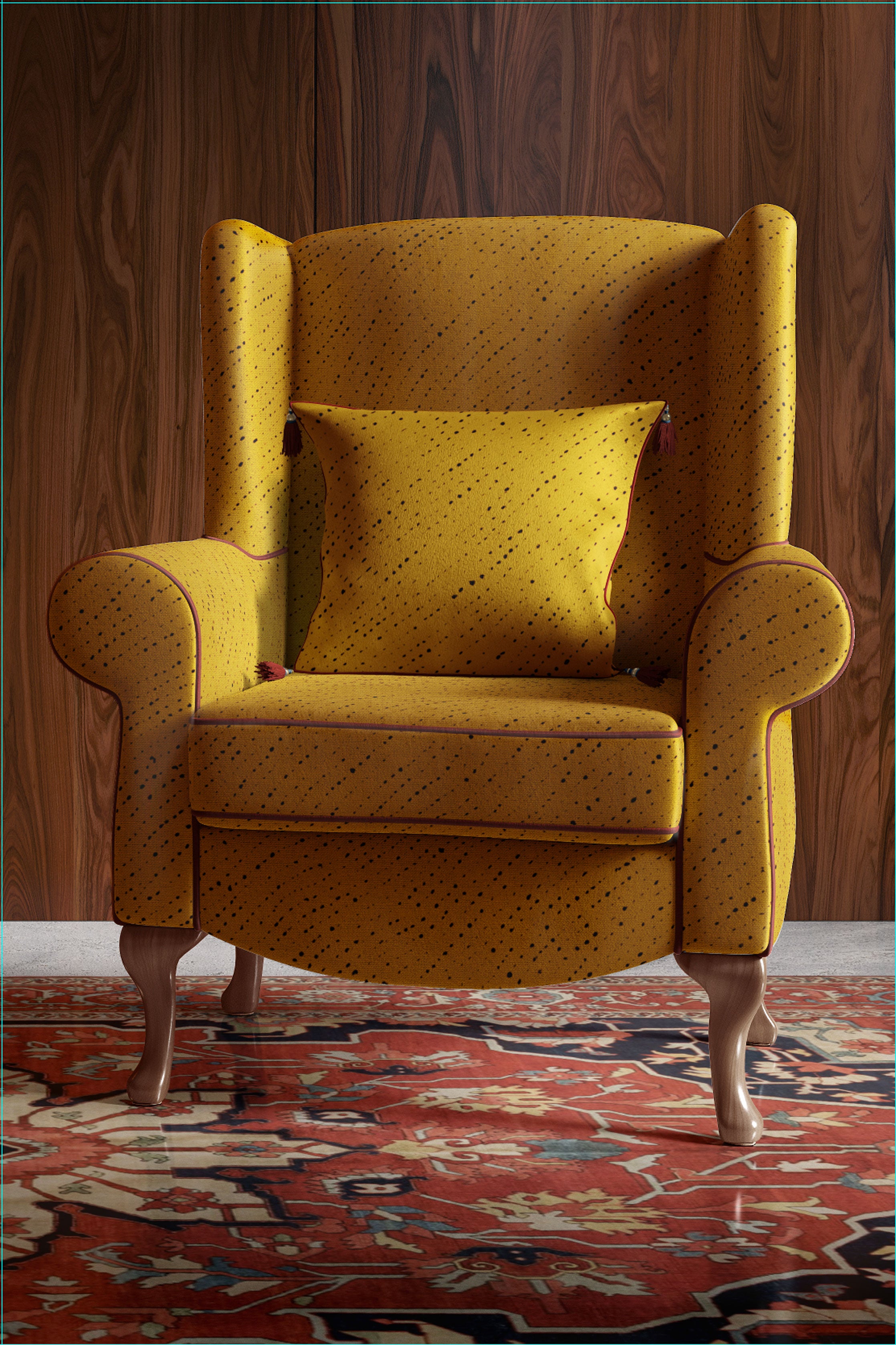 Venable Moore Staccato Nero Shibori linen in marigold on high backed chair with pillow and red piping in wood paneled room with oriental rug