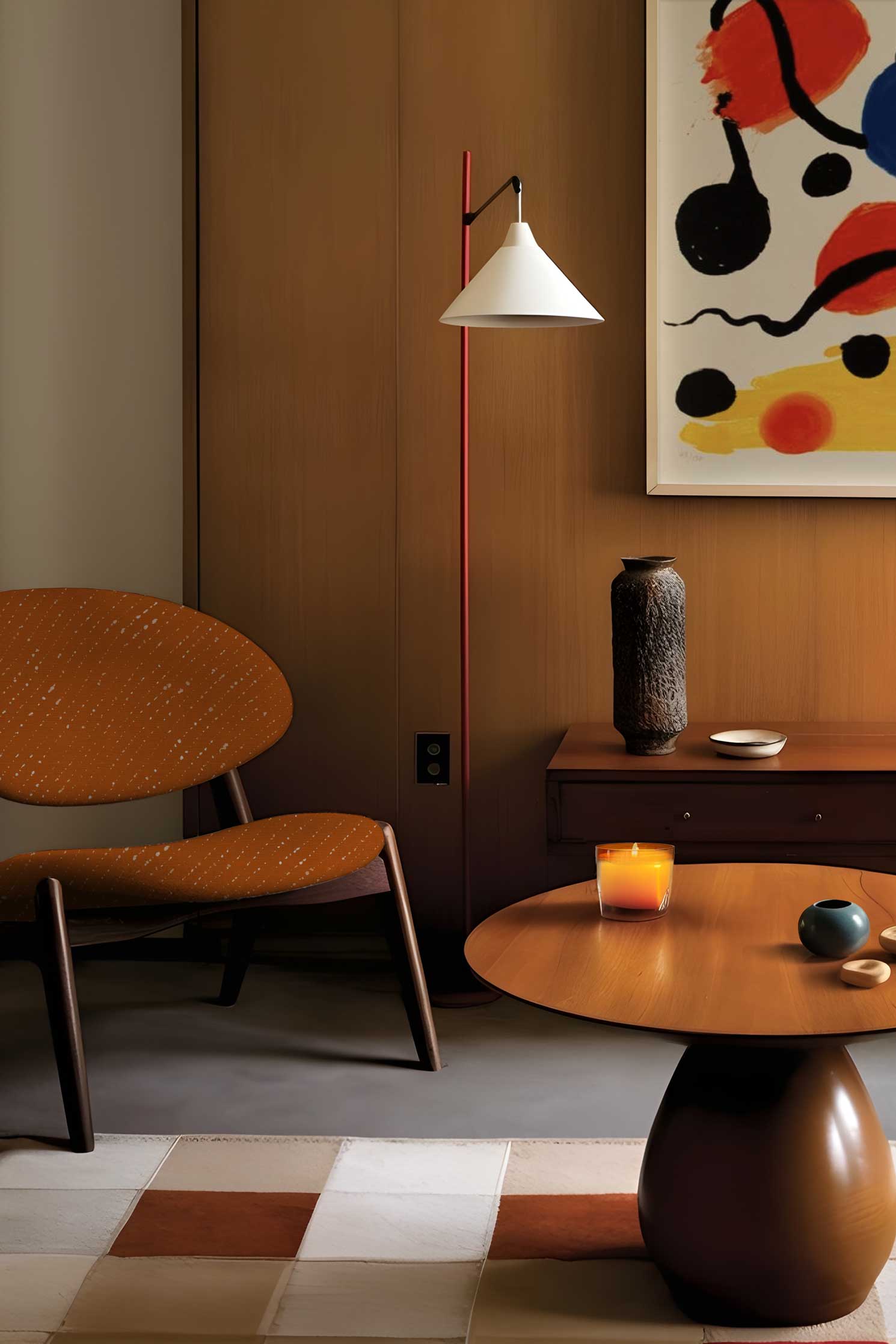 Venable Moore made to order Staccato Sbiancato Shibori linen in ginger orange on modern chair in sleek wood panelled living room with calder art, lamp, credenza, and coffee table