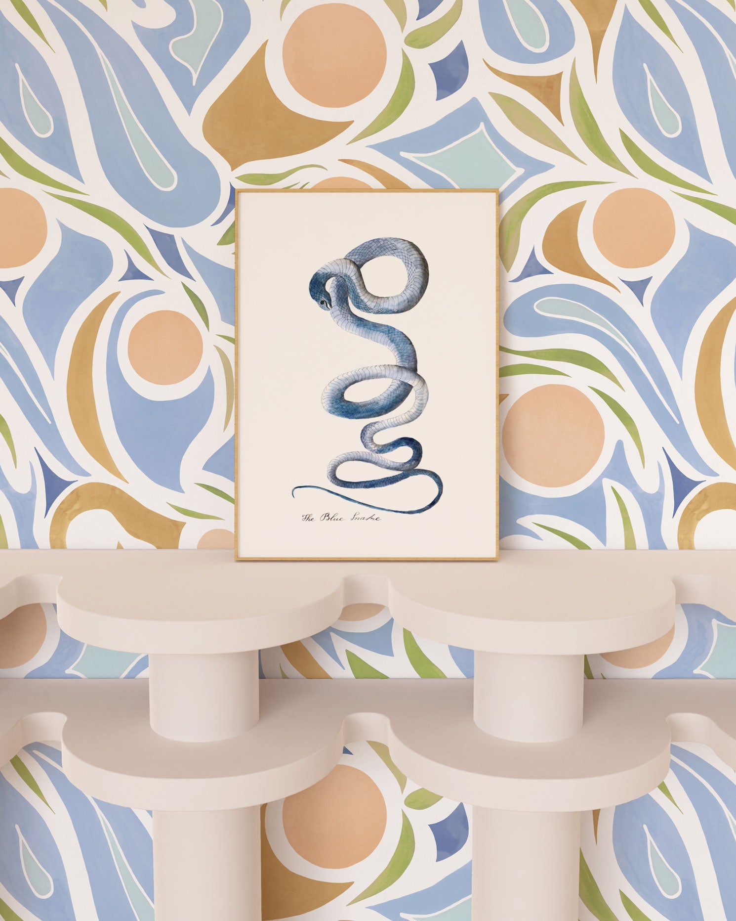 Venable Moore Clay Coated Capri abstract floral Wallpaper in Peach on wall with structural bookshelf and image of blue snake.