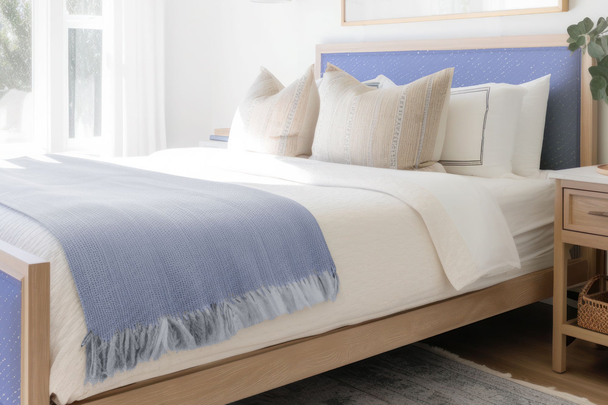 'Staccato Sbiancato' Shbiori linen in cornflower installed on bedroom headboard