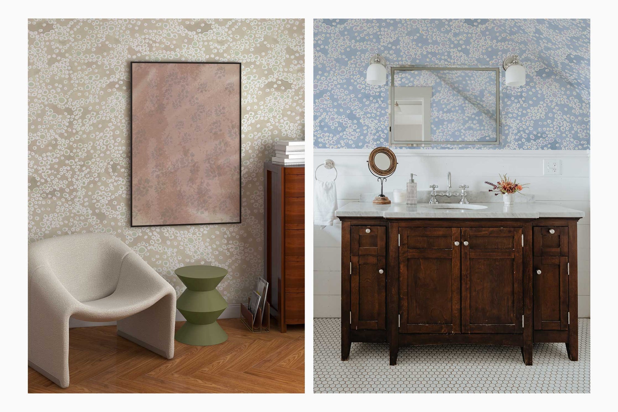 'frizzante' dotted clay coated made to order wallpaper in buff natural on wall with pink art , neutral chair, and green side table ; 'frizzante' made to order clay coated dotted wallpaper in ice blue on bathroom wall with wooden vanity and mirror