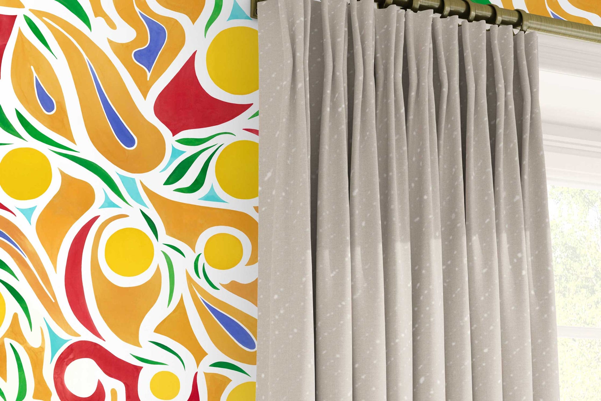 Venable Moore ‘Capri’ Lemon Yellow, Red, and Ochre made-to-order, printed in the U.S.A. wallpaper on a wall with 100% European linen “Staccato Sbiancato’ Shibori curtains in flax natural and window 