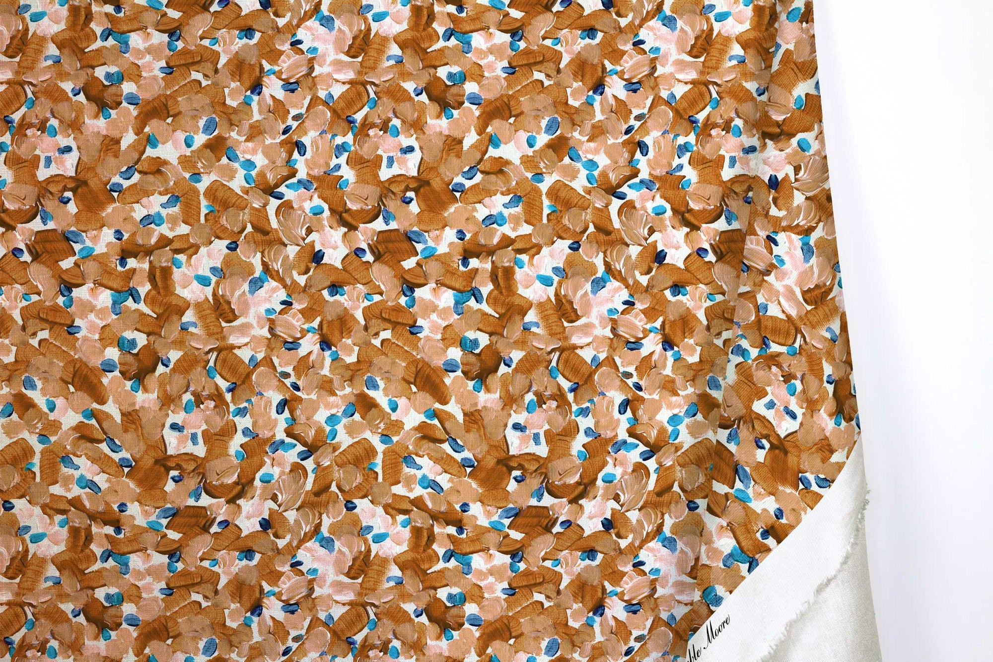 Venable Moore 100% cotton Chintz Modern abstract floral fabric by the yard with long fold in apricot orange, blue, and white