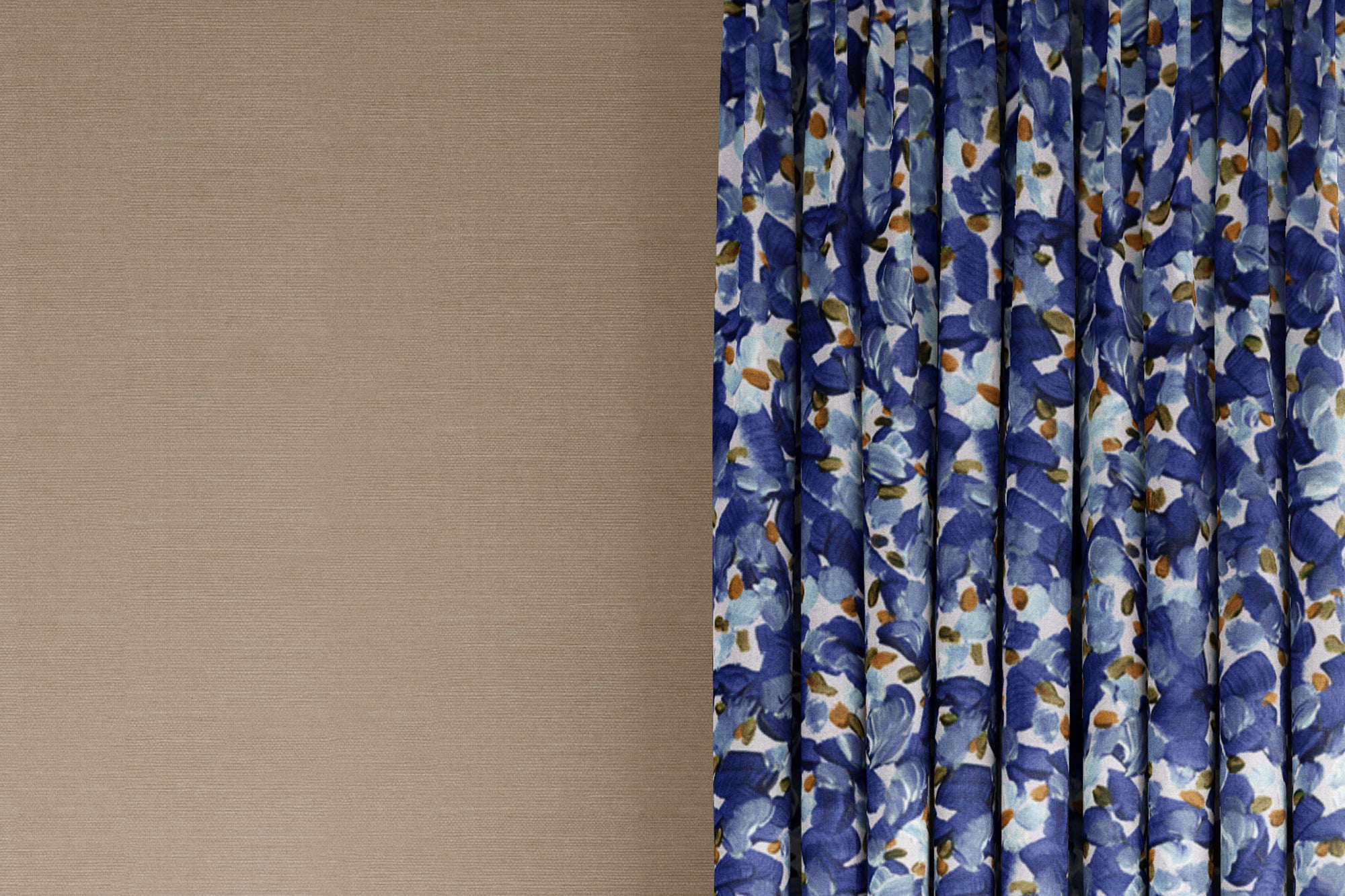 curtains in Venable Moore 100% cotton Chintz Moderne abstract floral fabric by the yard in azure blue, orange, and white