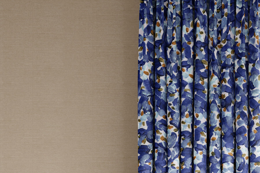 curtains in Venable Moore 100% cotton Chintz Moderne abstract floral fabric by the yard in azure blue, orange, and white