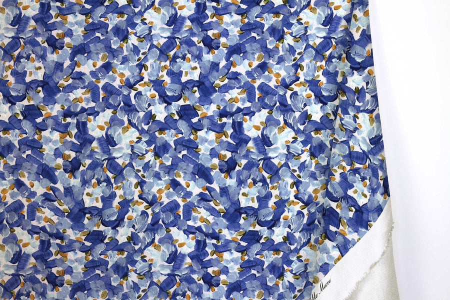 Venable Moore 100% cotton Chintz Modern abstract floral fabric by the yard with long fold in azure blue, orange, and white