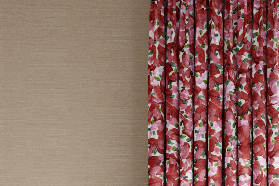 curtains in Venable Moore 100% cotton Chintz Moderne abstract floral fabric by the yard in cherry pink, green, and white