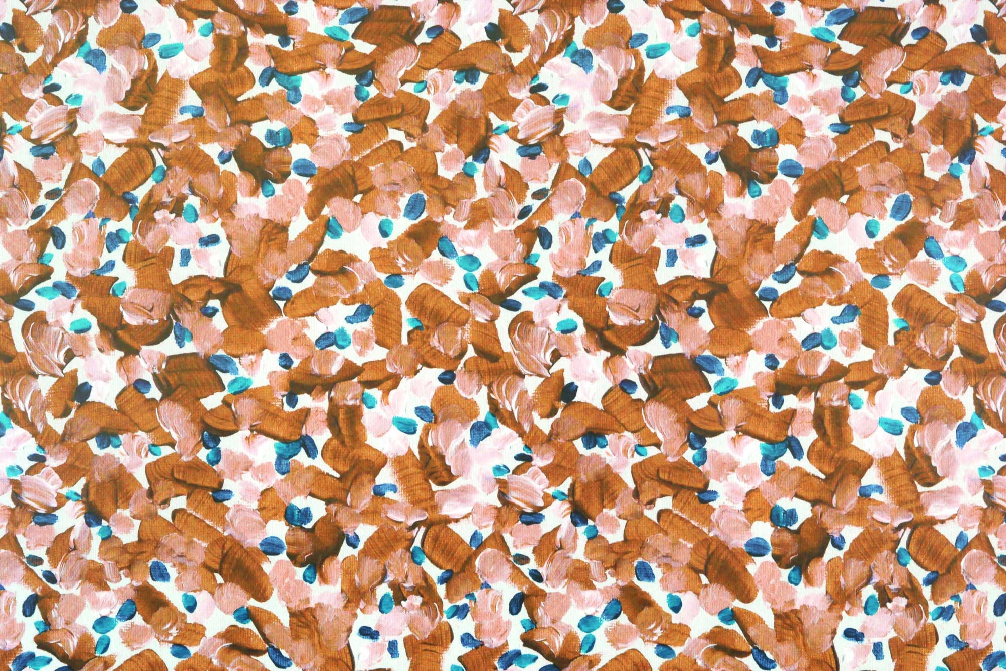 Zoomed in view of Venable Moore Chintz Modern floral abstract in apricot orange blue, and white boutique made-to-order wallpaper, printed in the U.S.A. on FSC Certified Clay Coated paper