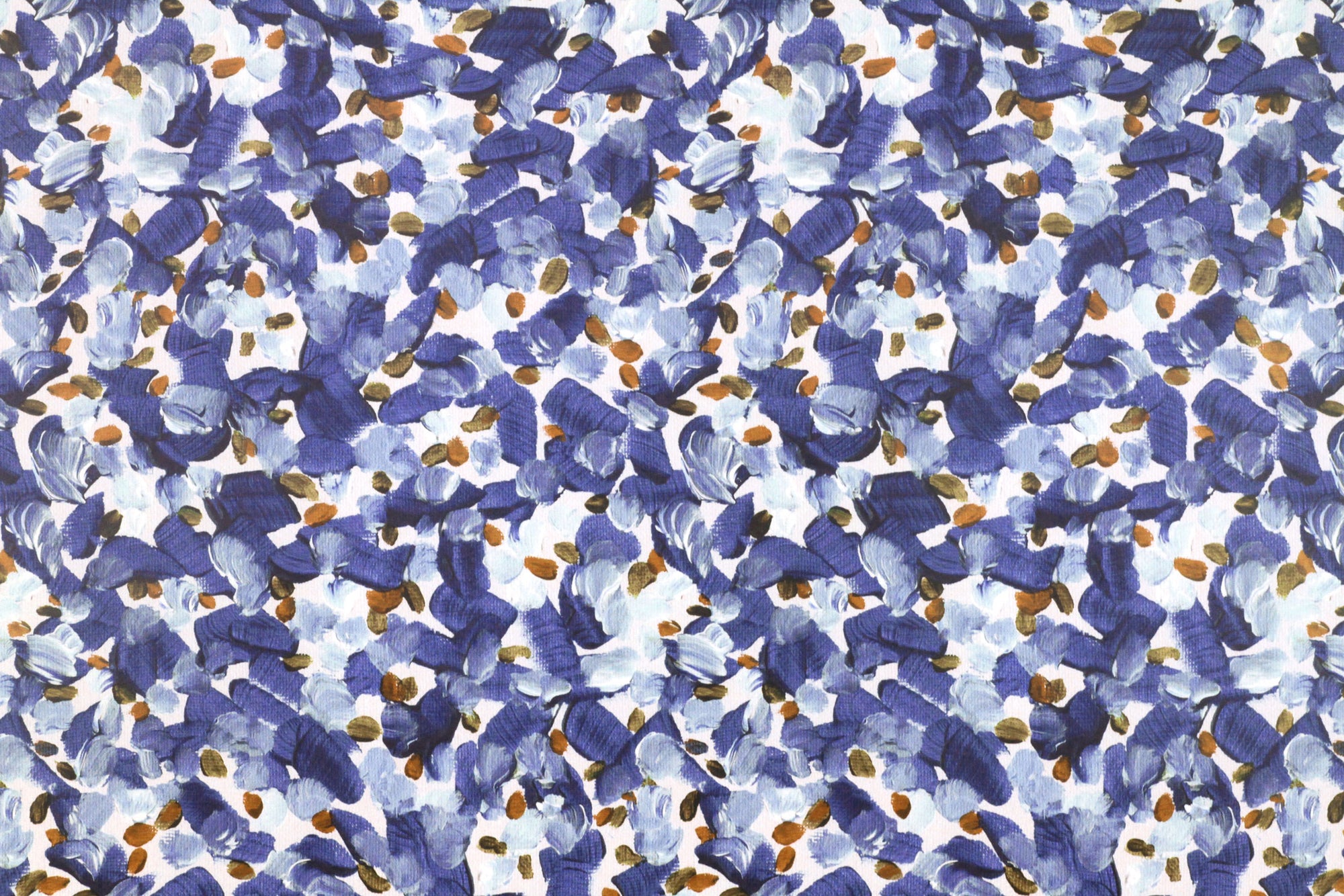 Zoomed in view of Venable Moore Chintz Modern floral abstract in azure blue, light blue, and orange boutique made-to-order wallpaper, printed in the U.S.A. on FSC Certified Clay Coated paper
