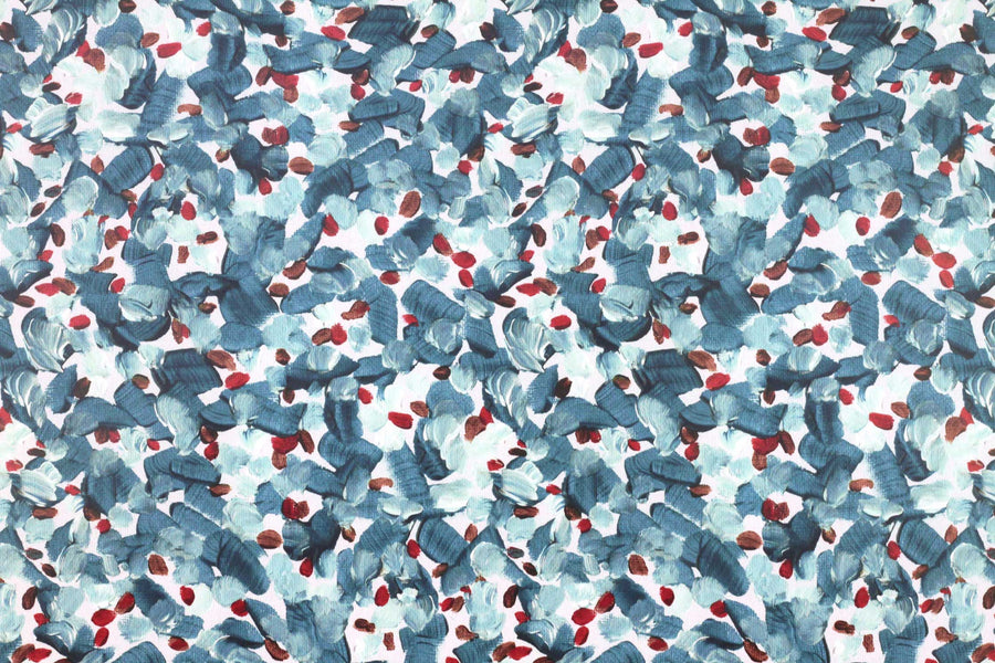 Zoomed in view of Venable Moore Chintz Modern floral abstract in tropical turquoise, red, and white boutique made-to-order wallpaper, printed in the U.S.A. on FSC Certified Clay Coated paper