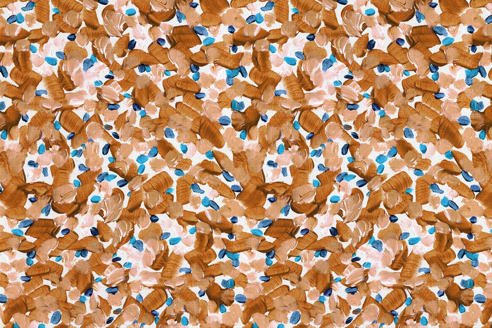 Up close of Venable Moore 100% cotton Chintz Moderne abstract floral fabric by the yard in apricot orange, blue, and white