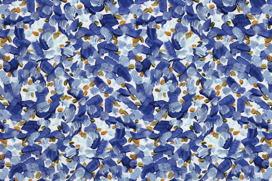 Up close of Venable Moore 100% cotton Chintz Moderne abstract floral fabric by the yard in azure blue, orange, and white