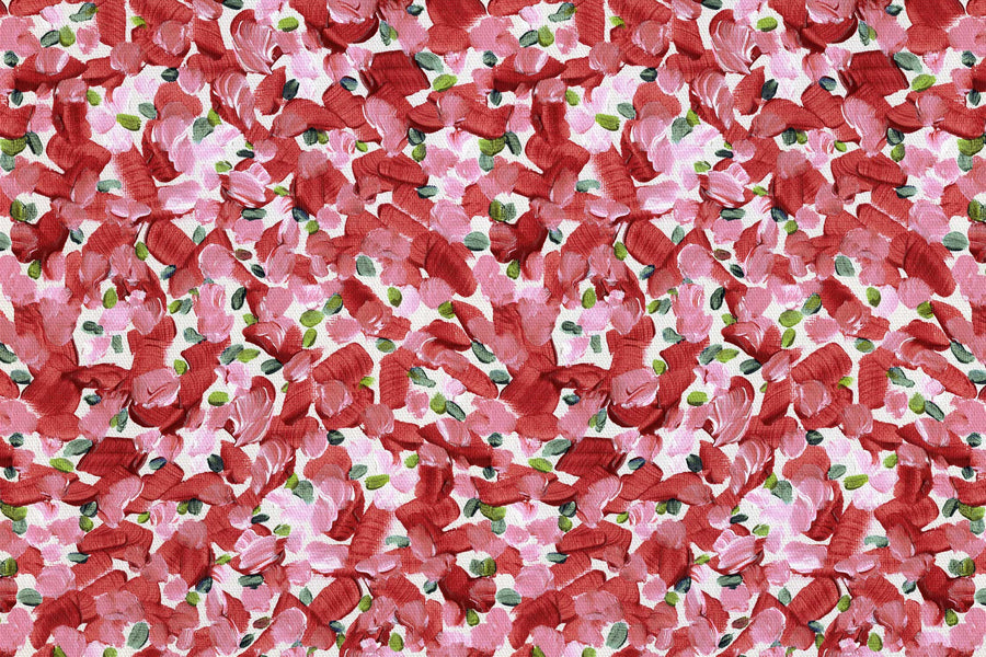 Up close of Venable Moore 100% cotton Chintz Moderne abstract floral fabric by the yard in cherry pink, green, and white