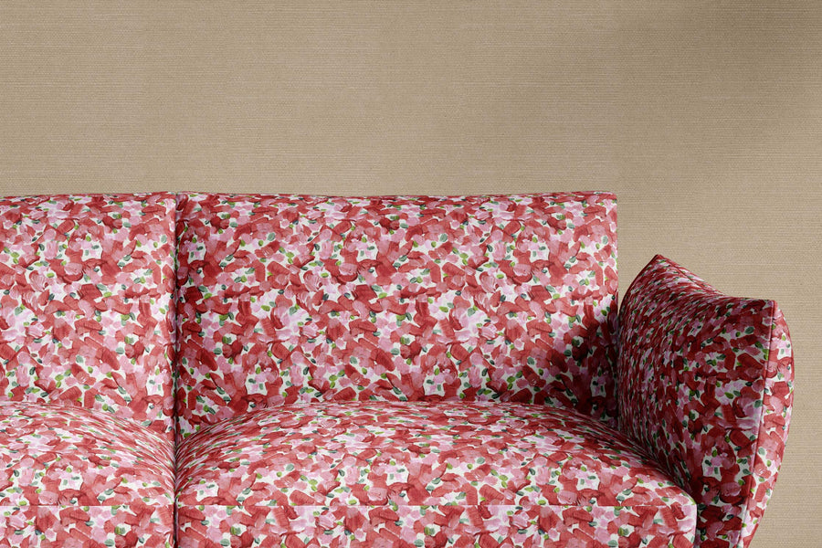 sofa upholstered in 100% cotton Venable Moore Chintz Moderne abstract floral in cherry pink, green, and white fabric made-to-order and sustainably printed in the U.S.A.