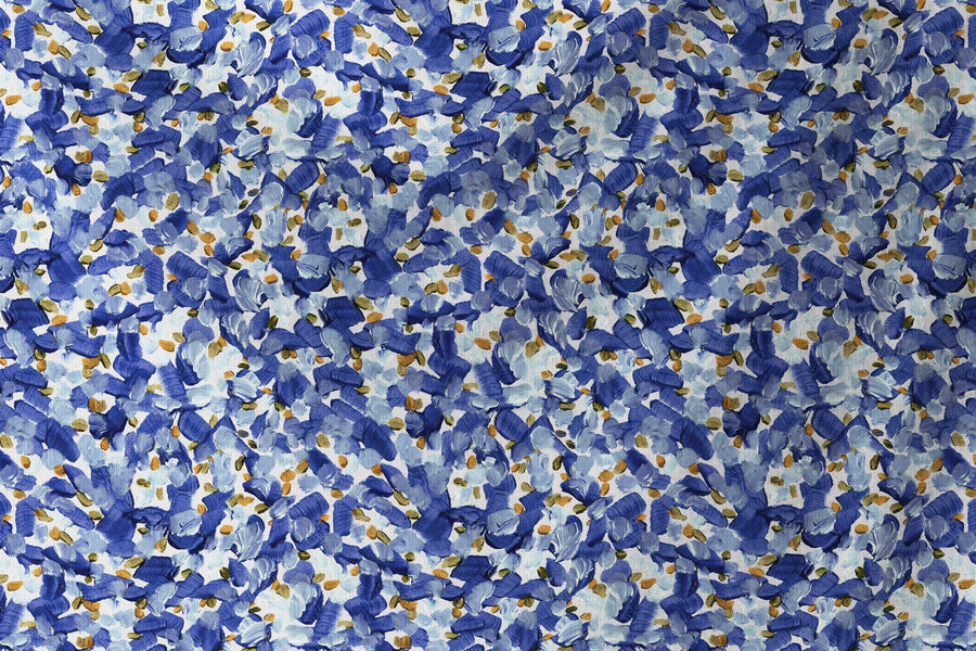 flowing venable moore 100% cotton Chintz Moderne abstract floral fabric by the yard in azure blue, orange, and white sustainably made to  order by boutique independent design studio venable moore