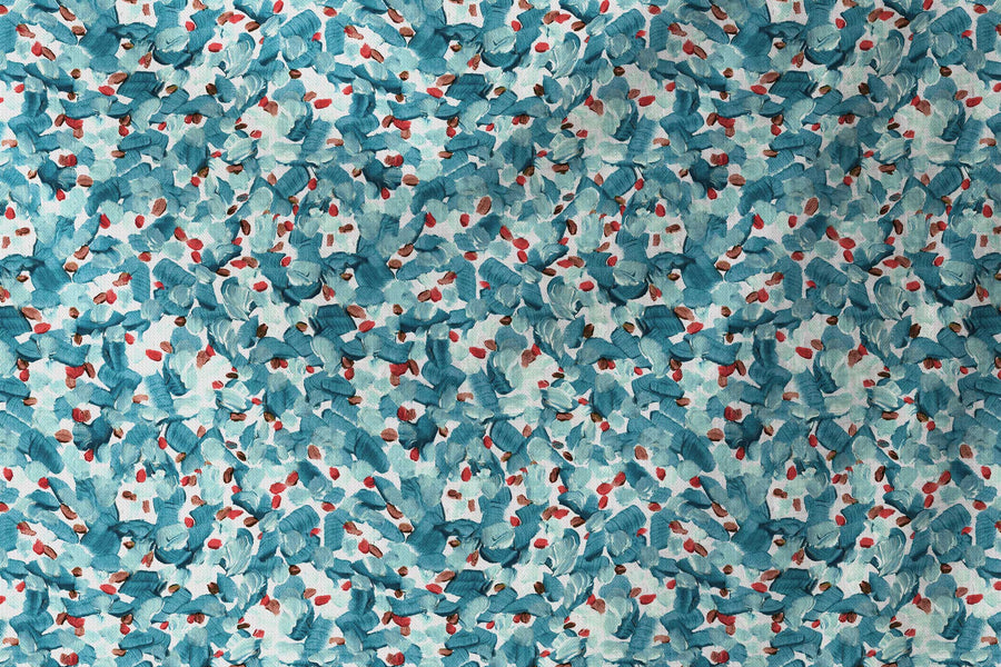 flowing venable moore 100% cotton Chintz Moderne abstract floral fabric by the yard in turquoise blue, red, and white sustainably made to  order by boutique independent design studio venable moore