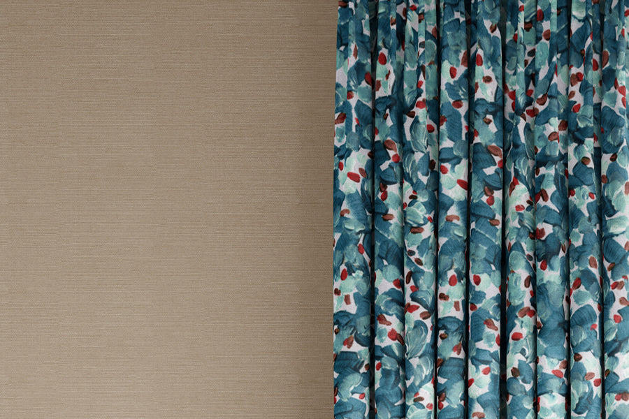 curtains in Venable Moore 100% cotton Chintz Moderne abstract floral fabric by the yard in turquoise blue, red, and white