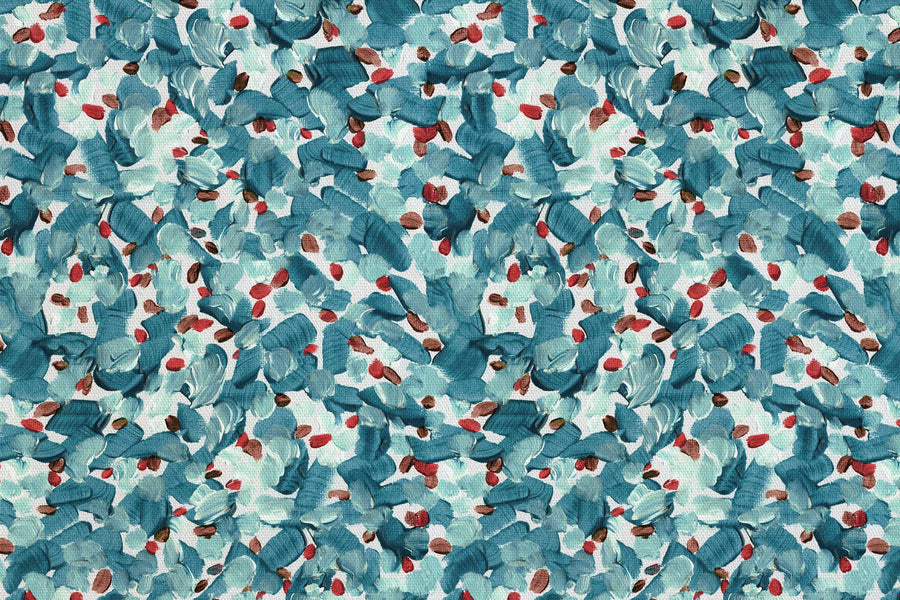 Up close of Venable Moore 100% cotton Chintz Moderne abstract floral fabric by the yard in turquoise blue, red, and white