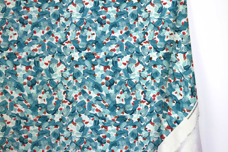 Venable Moore 100% cotton Chintz Modern abstract floral fabric by the yard with long fold in turquoise blue, red, and white