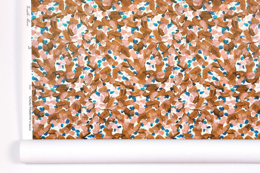 Venable Moore Chintz Modern floral abstract in apricot orange, peach, and blue boutique made-to-order, printed in the U.S.A. wallpaper roll against white wall