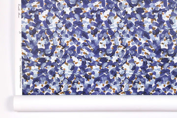 Venable Moore Chintz Modern floral abstract in azure blue, orange, and white boutique made-to-order, printed in the U.S.A. wallpaper roll against white wall