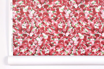 Venable Moore Chintz Modern floral abstract in cherry red, pink, and green boutique made-to-order, printed in the U.S.A. wallpaper roll against white wall