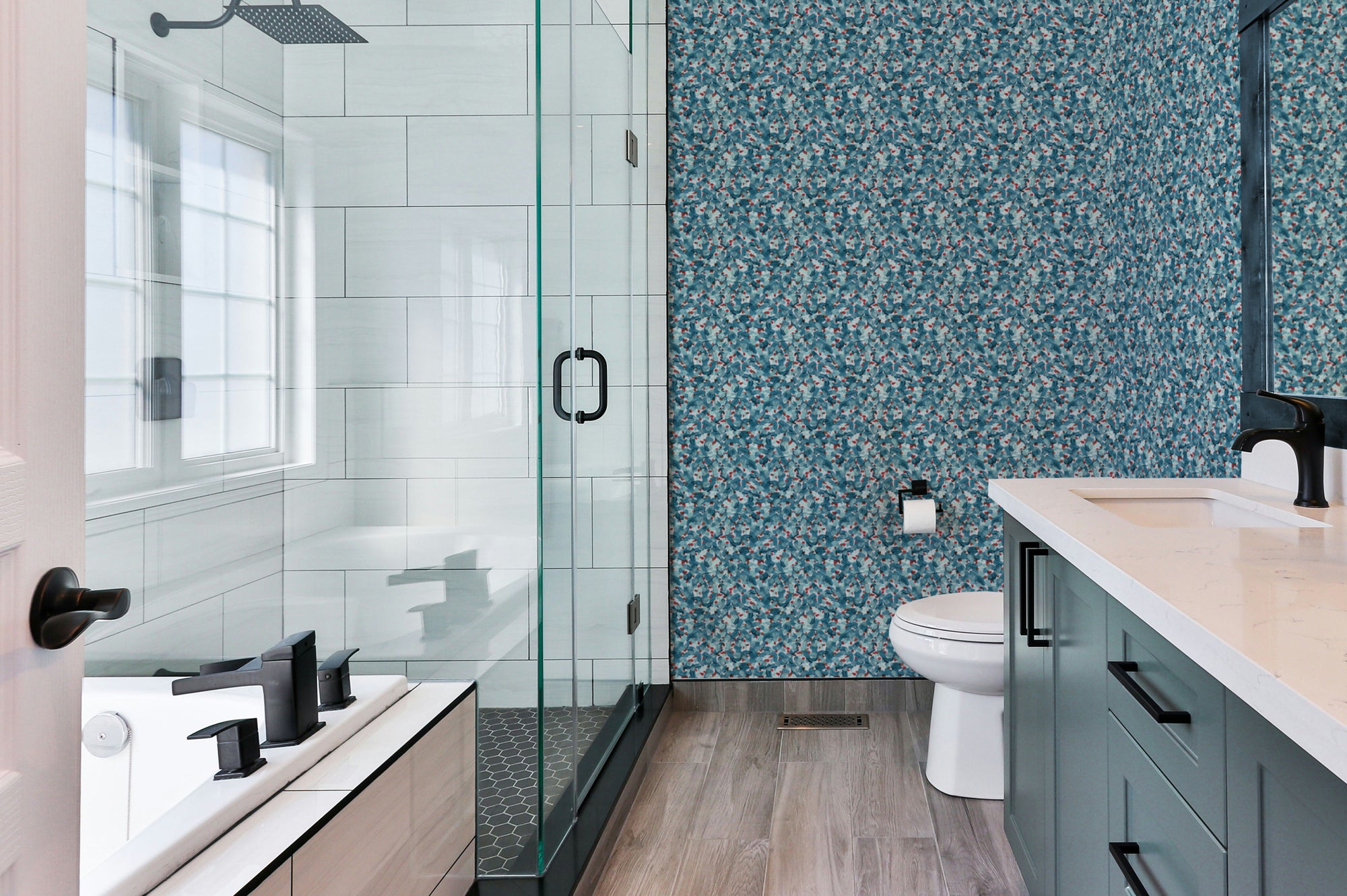 Chintz Moderne wallpaper in tropical installed in a bathroom with standing shower