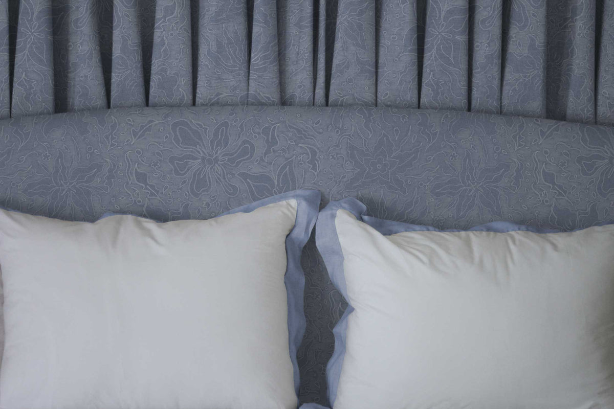 Fiori floral by Venable Moore cotton in flat blue bedroom install curtains and headboard