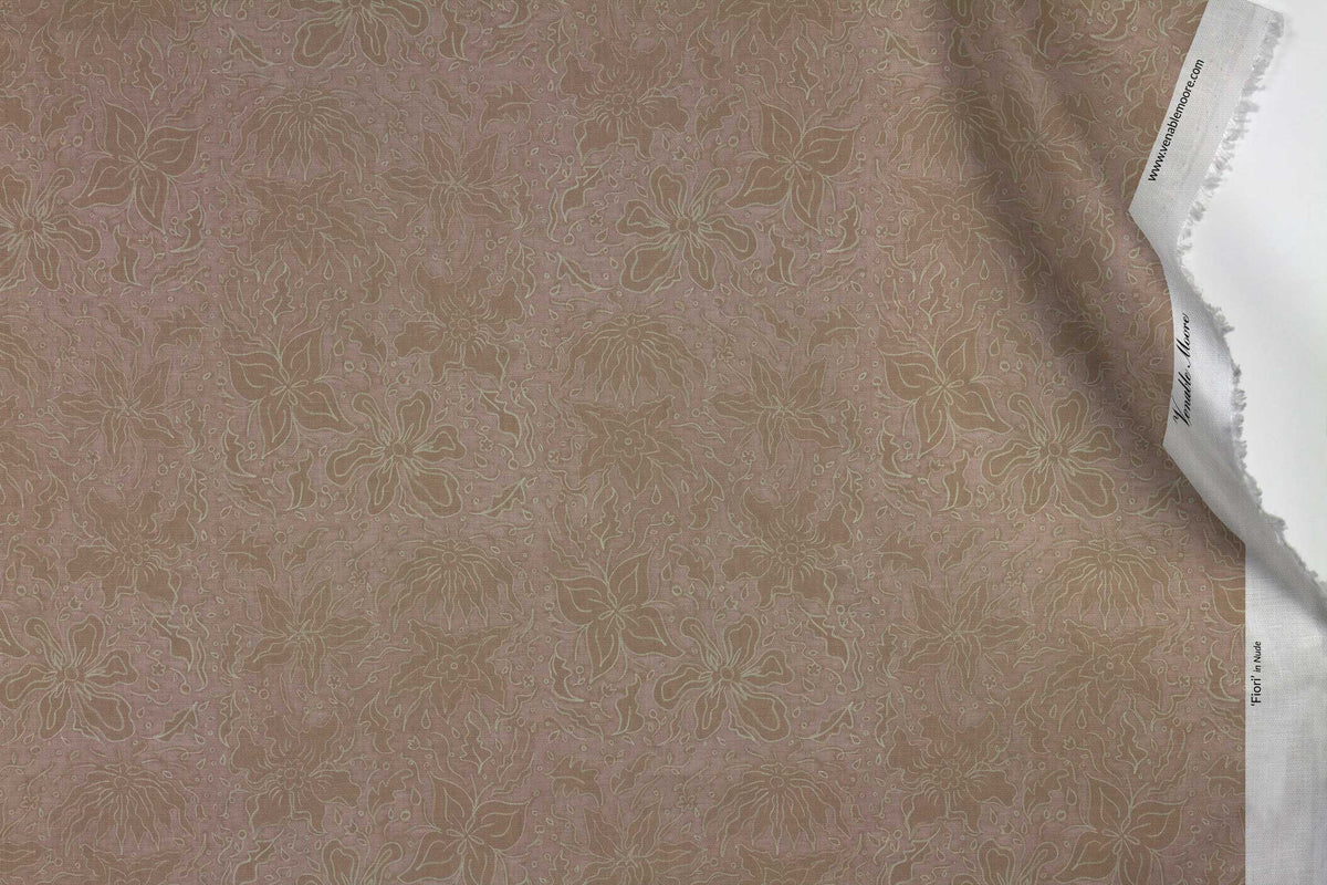 Venable Moore 100% Cotton Fiori hand drawn floral fabric by the yard in neutral nude with top fold against white