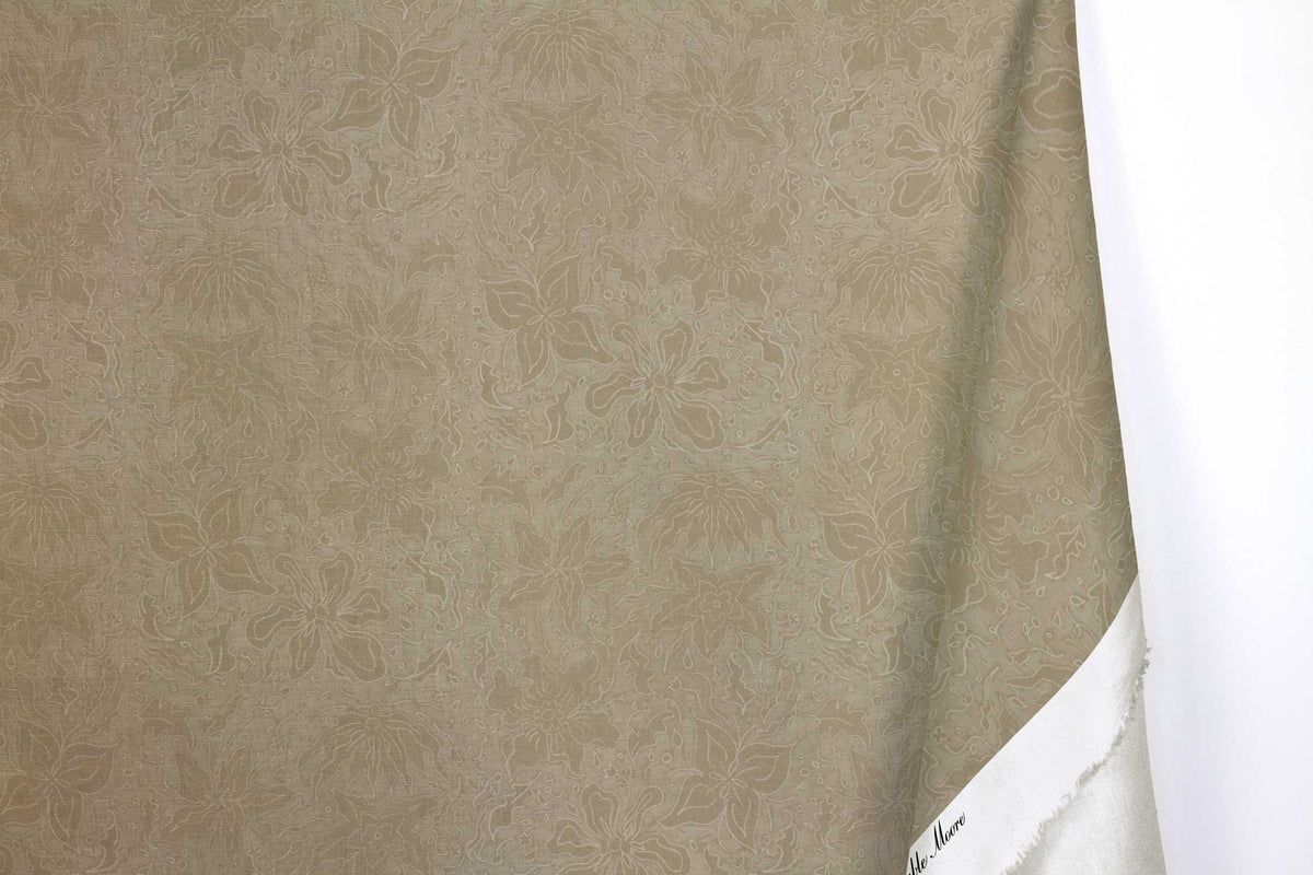 Venable Moore 100% cotton Fiori hand drawn floral fabric by the yard with long fold in neutral taupe