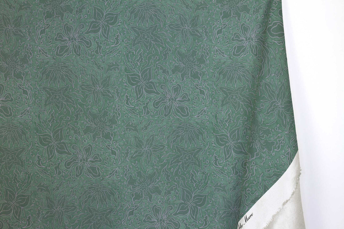 Venable Moore 100% cotton Fiori hand drawn floral fabric by the yard with long fold in teal green