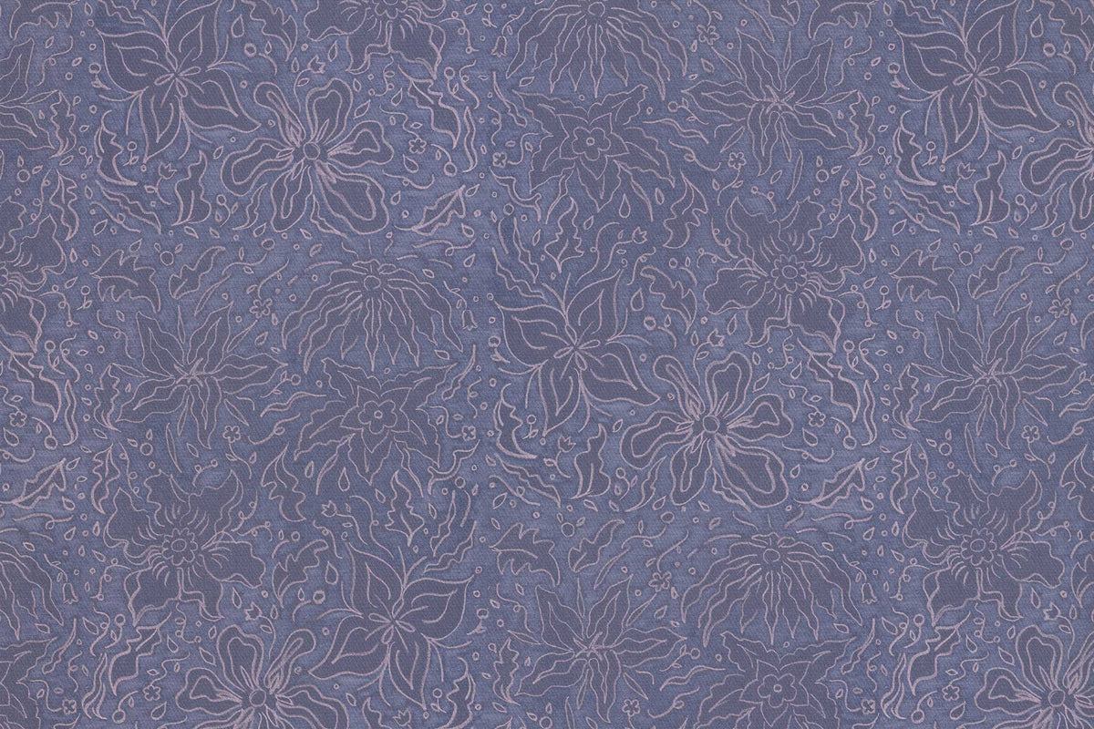 Up close of Venable Moore 100% cotton Fiori hand drawn floral fabric by the yard in washed denim blue