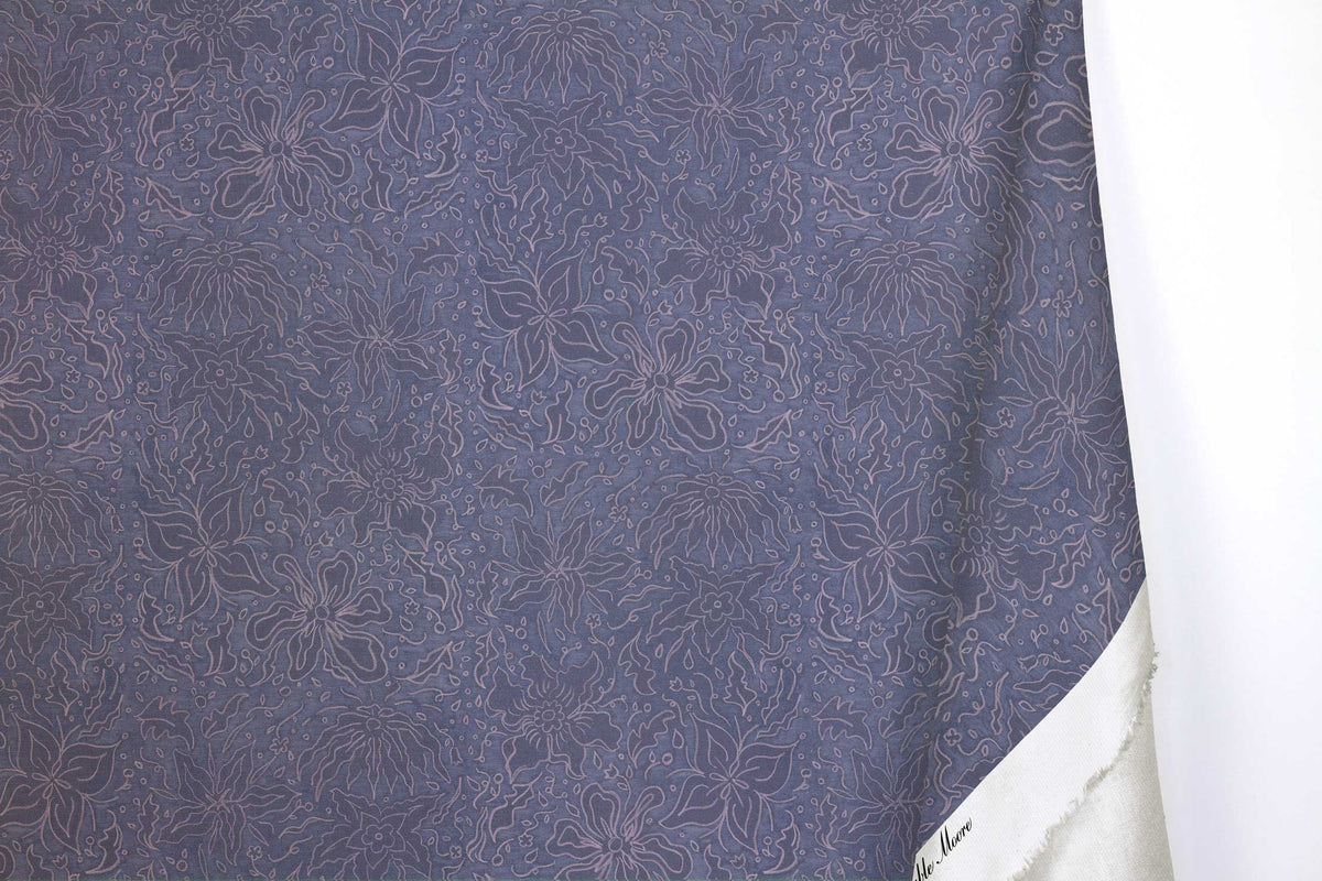 enable Moore 100% cotton Fiori hand drawn floral fabric by the yard with long fold in washed denim blue