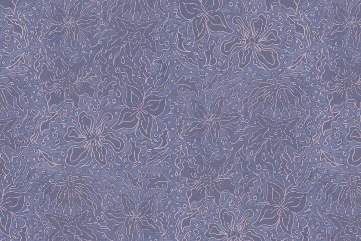 Zoomed in view of Venable Moore Fiori hand drawn floral in washed denim boutique made-to-order wallpaper, printed in the U.S.A. on FSC Certified Clay Coated paperMoore