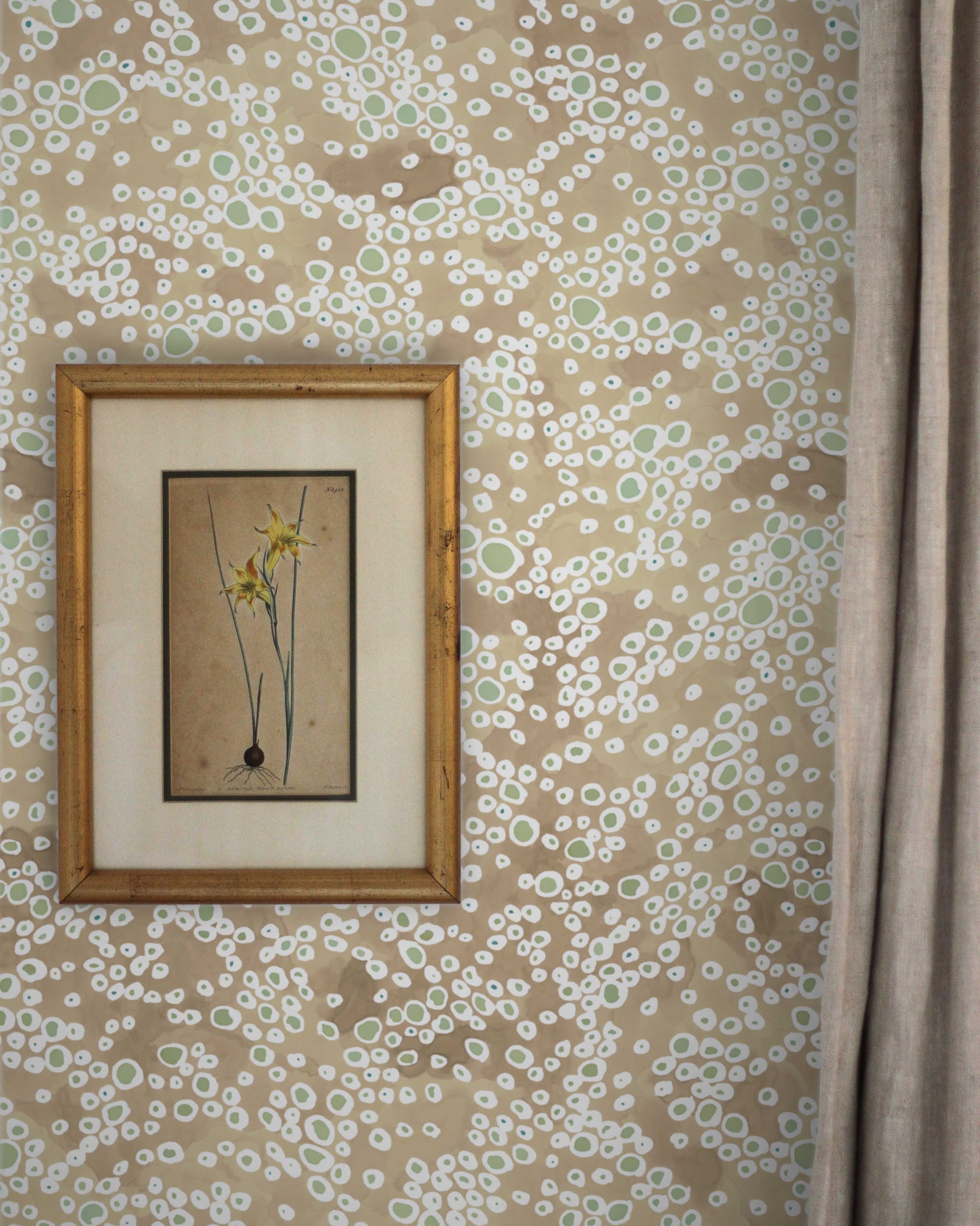 Frizzante hand-painted wallpaper in Buff installed in bedroom with curtain and framed picture