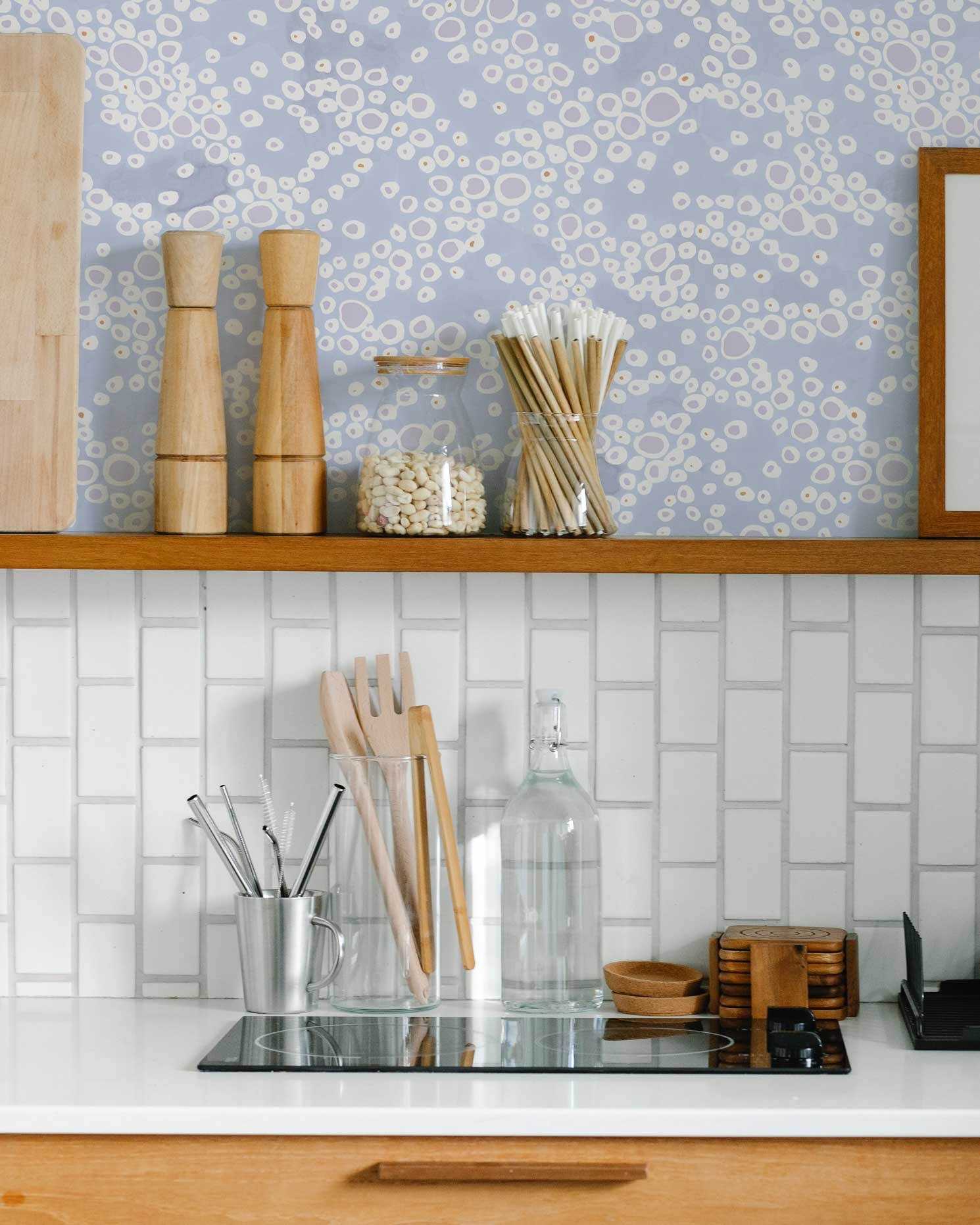 Venable Moore Frizzante dotted wallpaper in ice installed in a kitchen