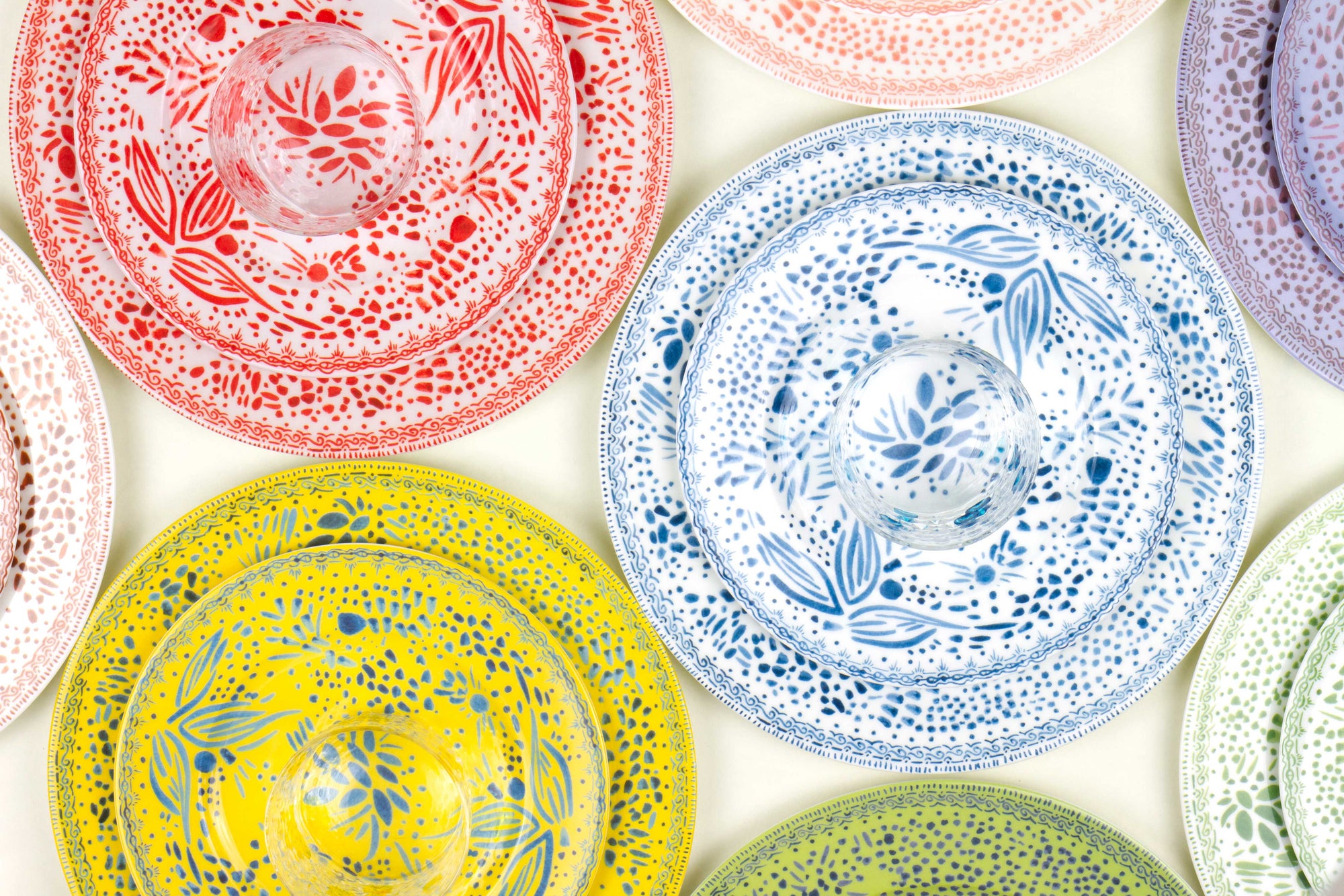 Venable Moore Small batch porcelain Mosaic Garden fine china and Bubble hand-painted glasses in pale orchid, grapefruit, myrtle, blueberry, apple, and lemon