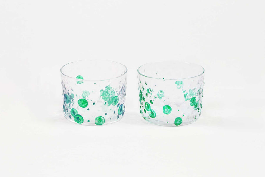 venable moore shamrock green hand-painted hand-blown bubble glasses set of two on white background side by side