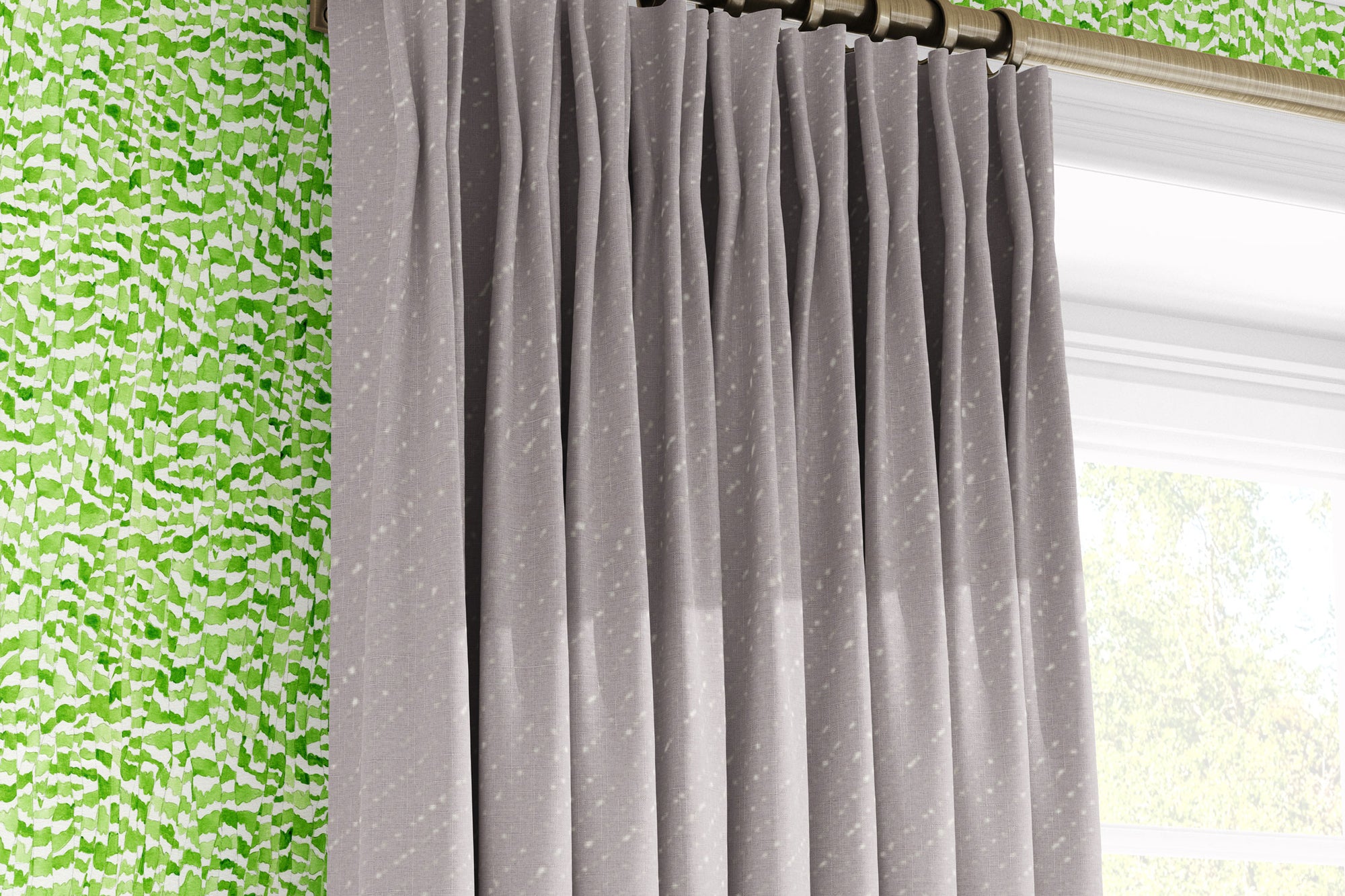 Venable Moore Zebra Stripe abstract animal in petal green made-to-order, printed in the U.S.A. wallpaper on a wall with 100% European linen “Staccato Sbiancato’ Shibori curtains in natural flax and window 