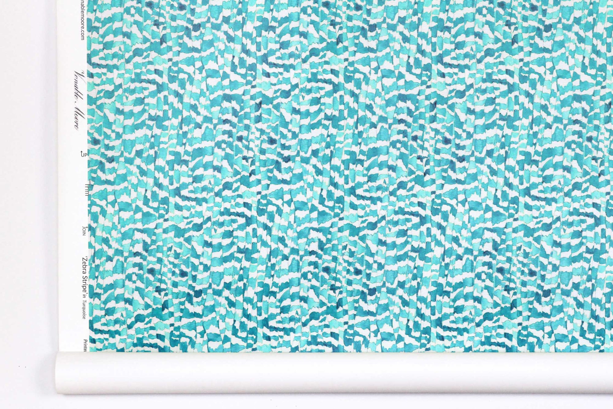 Venable Moore Zebra Stripe abstract animal in turquoise blue boutique made-to-order, printed in the U.S.A. wallpaper roll against white wall